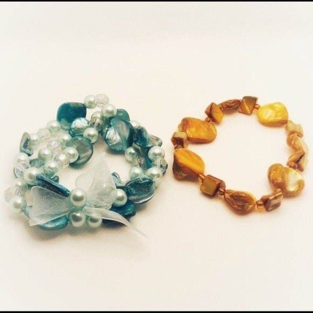 Stone Beaded Pearl MOP Stretch Bracelet Set Blue Yellow